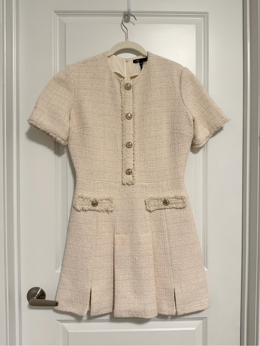 Maje Cream Tweed Short Sleeve Mini Dress with Button Front